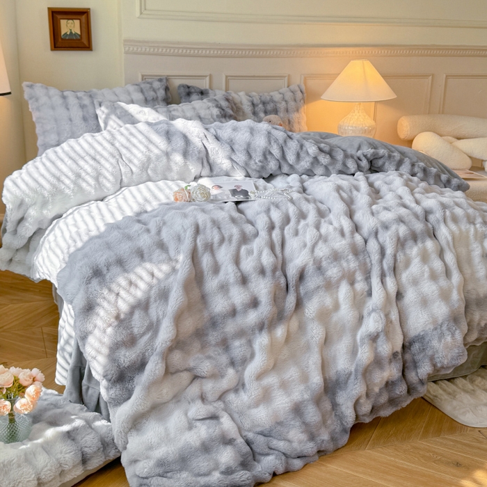 91家纺网 家纺一手货源 找家纺 唐人居 2025新款泡泡兔毛牛奶绒四件套--七彩 七彩灰