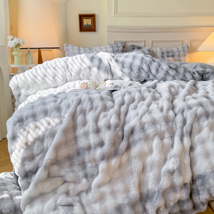 91家纺网 家纺一手货源 找家纺 唐人居 2025新款泡泡兔毛牛奶绒四件套--七彩 七彩灰