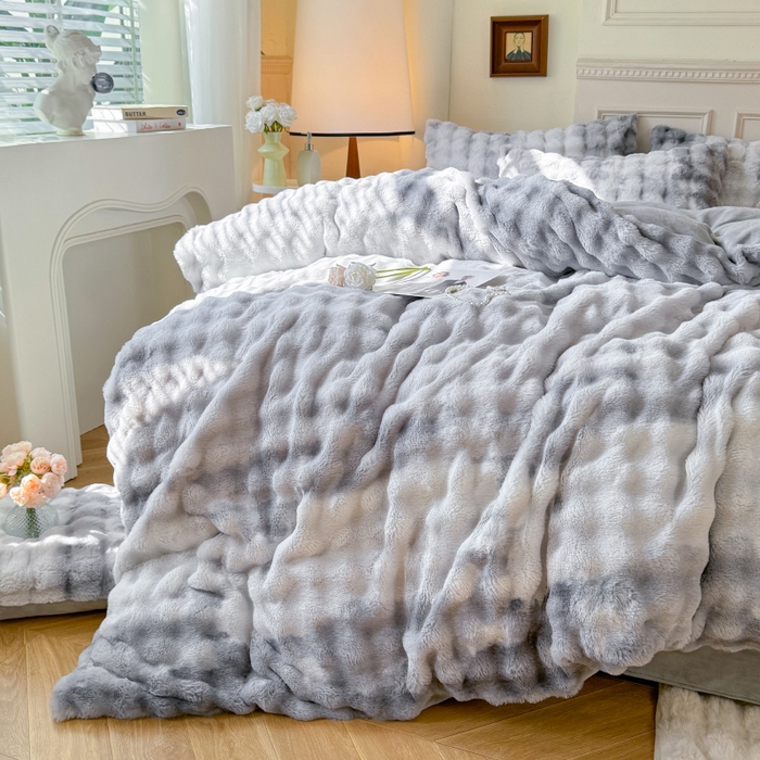 91家纺网 家纺一手货源 找家纺 唐人居 2025新款泡泡兔毛牛奶绒四件套--七彩 七彩灰