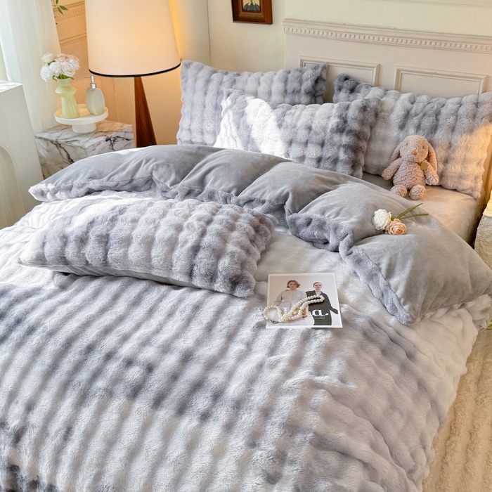 91家纺网 家纺一手货源 找家纺 唐人居 2025新款泡泡兔毛牛奶绒四件套--七彩 七彩灰