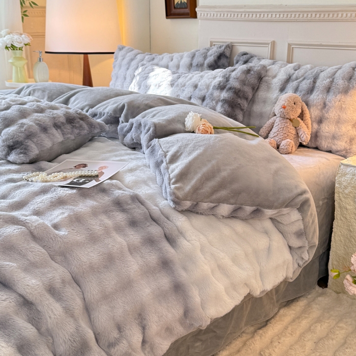 91家纺网 家纺一手货源 找家纺 唐人居 2025新款泡泡兔毛牛奶绒四件套--七彩 七彩灰