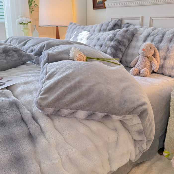 91家纺网 家纺一手货源 找家纺 唐人居 2025新款泡泡兔毛牛奶绒四件套--七彩 七彩灰