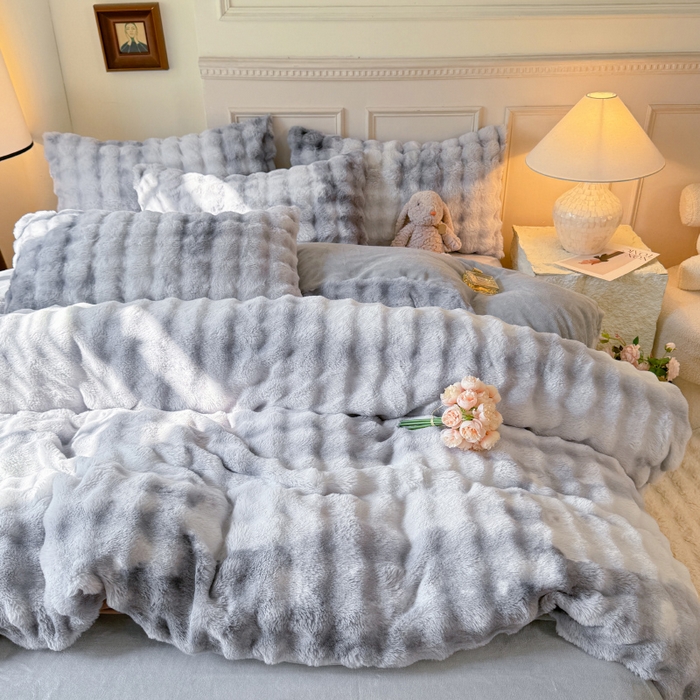 91家纺网 家纺一手货源 找家纺 唐人居 2025新款泡泡兔毛牛奶绒四件套--七彩 七彩灰