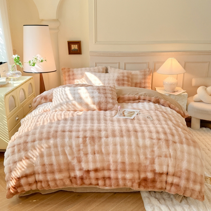 91家纺网 家纺一手货源 找家纺 唐人居 2025新款泡泡兔毛牛奶绒四件套--七彩 七彩咖