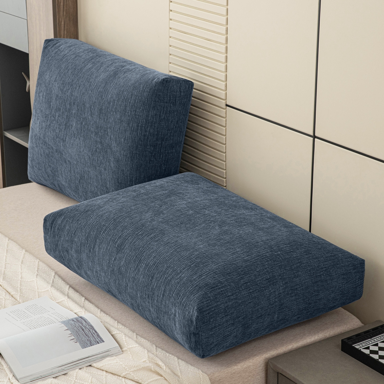 91家纺网 家纺一手货源 找家纺 美达人 2025新款雪尼尔立体面包靠背轻奢立体床头靠垫沙发组合大靠背榻榻米飘窗靠枕无床头软包可拆洗 雪尼尔-立体面包-蓝