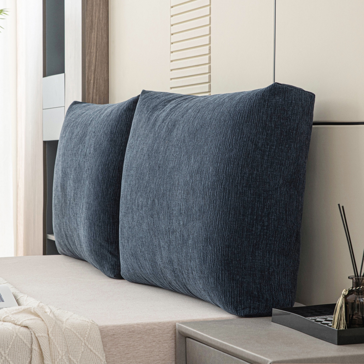 91家纺网 家纺一手货源 找家纺 美达人 2025新款雪尼尔立体面包靠背轻奢立体床头靠垫沙发组合大靠背榻榻米飘窗靠枕无床头软包可拆洗 雪尼尔-立体面包-蓝