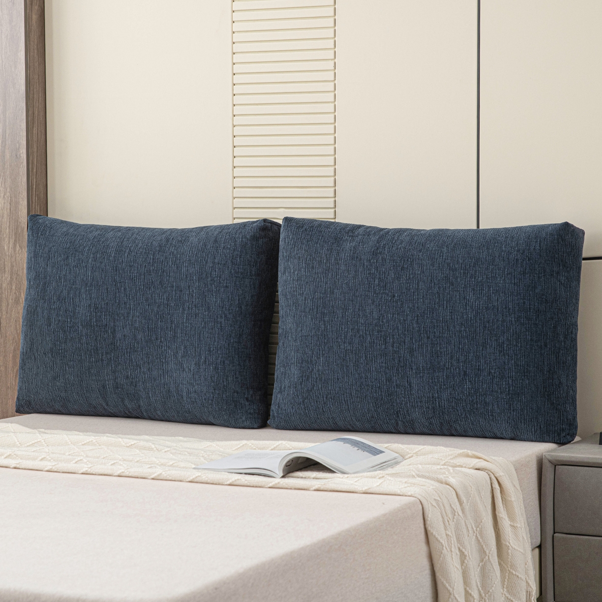 91家纺网 家纺一手货源 找家纺 美达人 2025新款雪尼尔立体面包靠背轻奢立体床头靠垫沙发组合大靠背榻榻米飘窗靠枕无床头软包可拆洗 雪尼尔-立体面包-蓝
