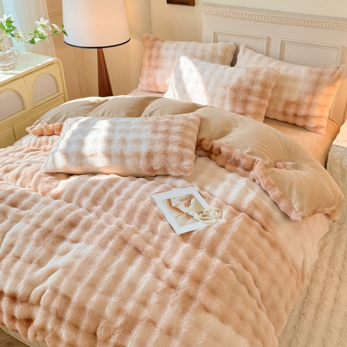 91家纺网 家纺一手货源 找家纺 唐人居 2025新款泡泡兔毛牛奶绒四件套--七彩 七彩咖