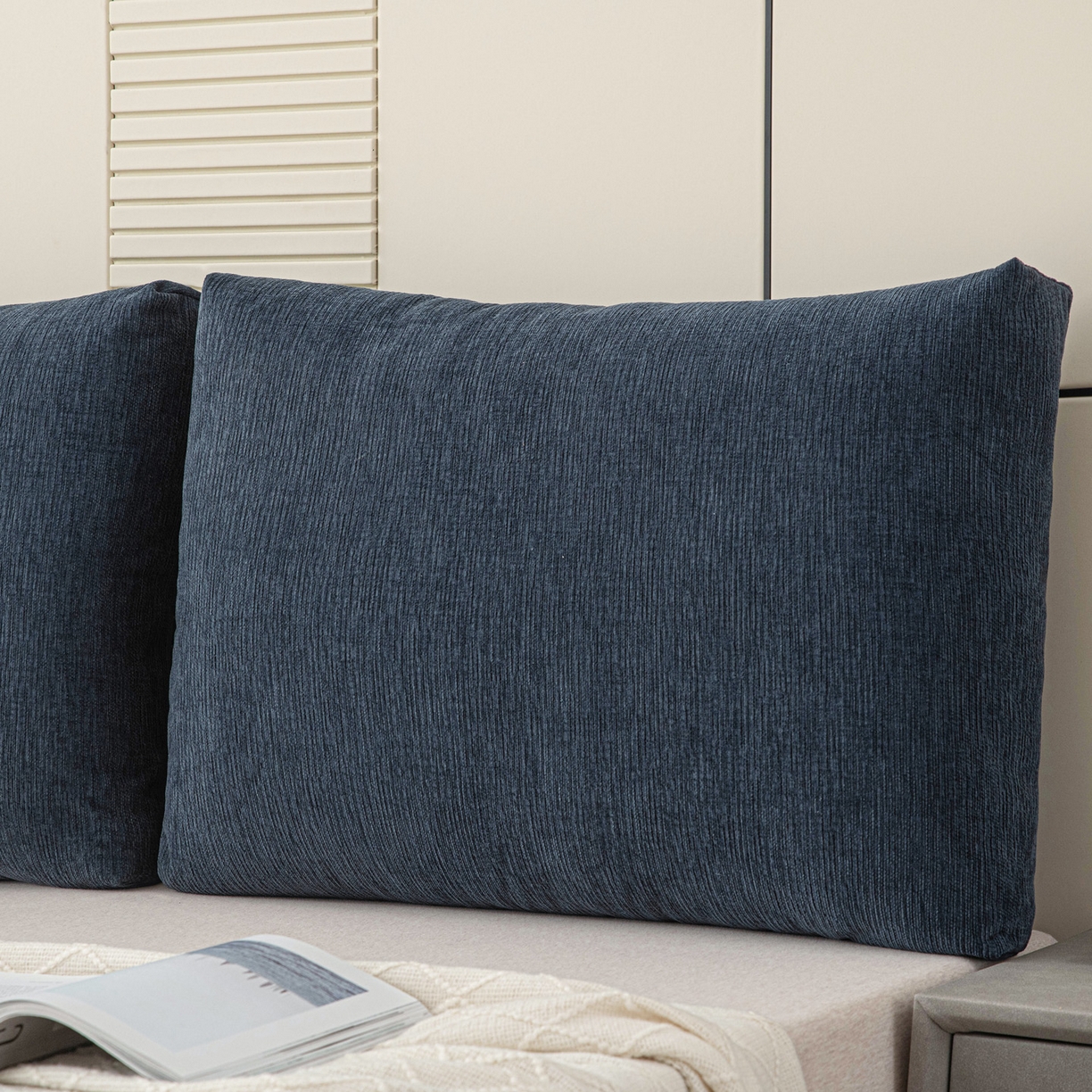 91家纺网 家纺一手货源 找家纺 美达人 2025新款雪尼尔立体面包靠背轻奢立体床头靠垫沙发组合大靠背榻榻米飘窗靠枕无床头软包可拆洗 雪尼尔-立体面包-蓝