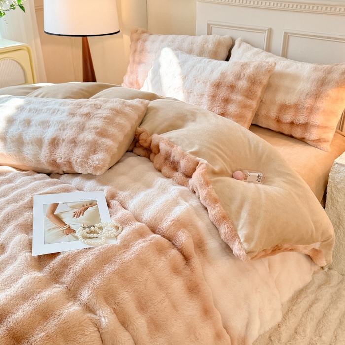 91家纺网 家纺一手货源 找家纺 唐人居 2025新款泡泡兔毛牛奶绒四件套--七彩 七彩咖