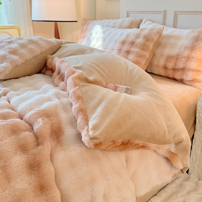 91家纺网 家纺一手货源 找家纺 唐人居 2025新款泡泡兔毛牛奶绒四件套--七彩 七彩咖