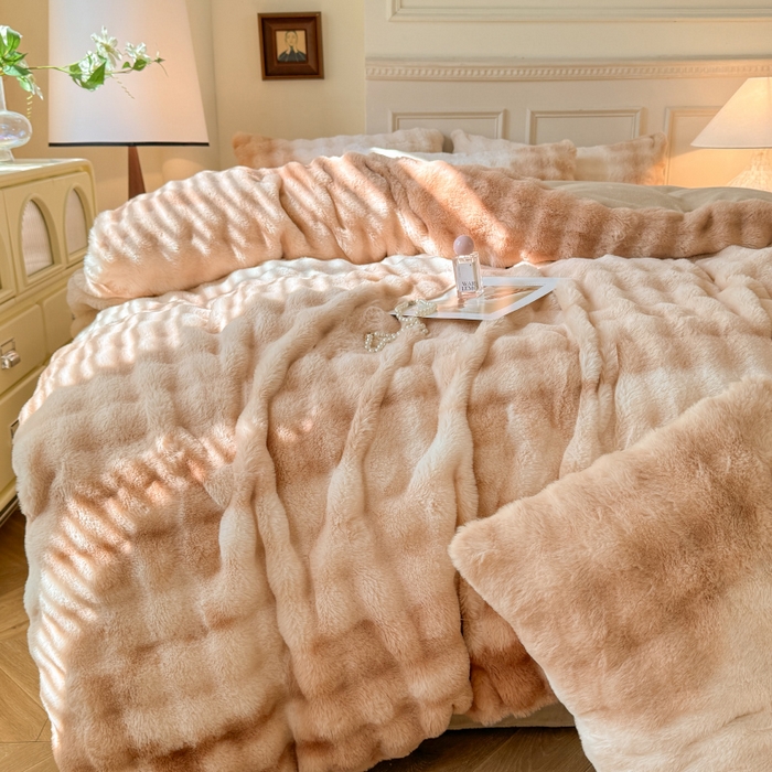 91家纺网 家纺一手货源 找家纺 唐人居 2025新款泡泡兔毛牛奶绒四件套--七彩 七彩咖