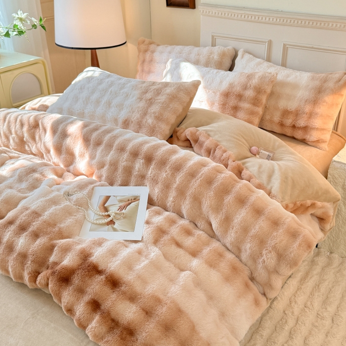 91家纺网 家纺一手货源 找家纺 唐人居 2025新款泡泡兔毛牛奶绒四件套--七彩 七彩咖