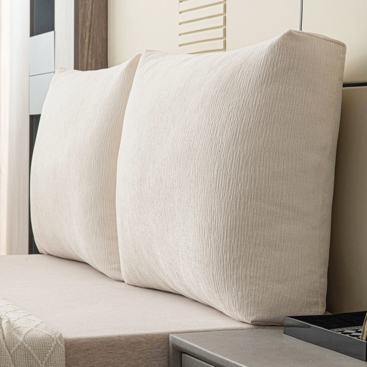 91家纺网 家纺一手货源 找家纺 美达人 2025新款雪尼尔立体面包靠背轻奢立体床头靠垫沙发组合大靠背榻榻米飘窗靠枕无床头软包可拆洗 雪尼尔-立体面包-素白