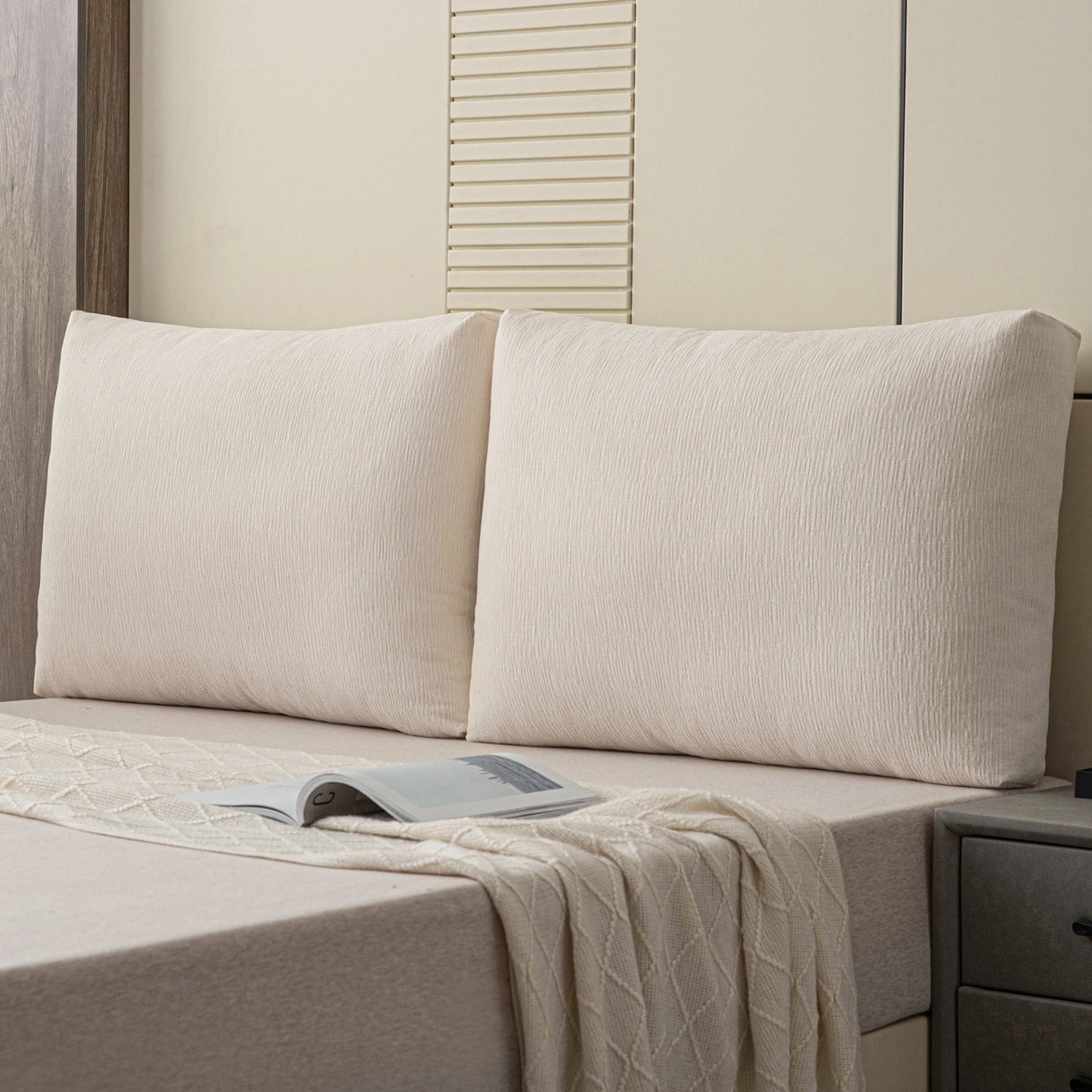 91家纺网 家纺一手货源 找家纺 美达人 2025新款雪尼尔立体面包靠背轻奢立体床头靠垫沙发组合大靠背榻榻米飘窗靠枕无床头软包可拆洗 雪尼尔-立体面包-素白