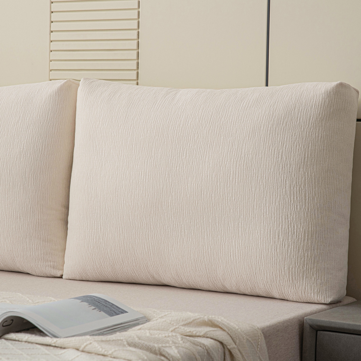 91家纺网 家纺一手货源 找家纺 美达人 2025新款雪尼尔立体面包靠背轻奢立体床头靠垫沙发组合大靠背榻榻米飘窗靠枕无床头软包可拆洗 雪尼尔-立体面包-素白
