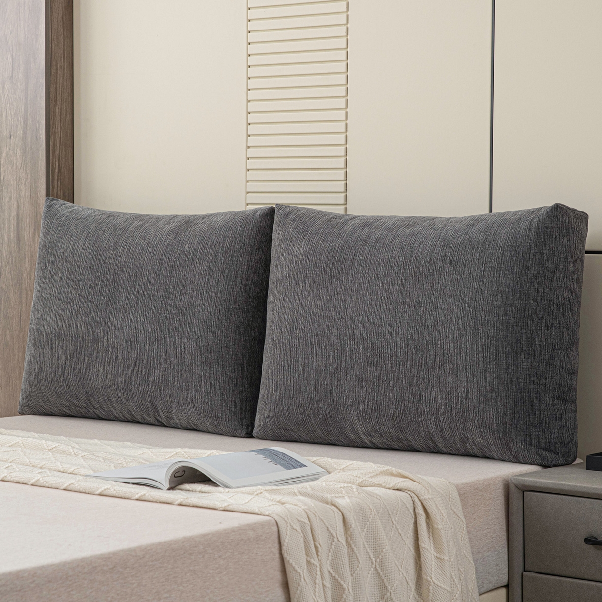 91家纺网 家纺一手货源 找家纺 美达人 2025新款雪尼尔立体面包靠背轻奢立体床头靠垫沙发组合大靠背榻榻米飘窗靠枕无床头软包可拆洗 雪尼尔-立体面包-炭黑