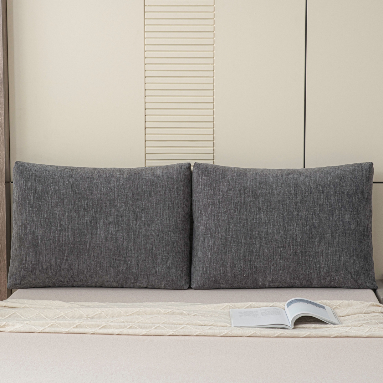 91家纺网 家纺一手货源 找家纺 美达人 2025新款雪尼尔立体面包靠背轻奢立体床头靠垫沙发组合大靠背榻榻米飘窗靠枕无床头软包可拆洗 雪尼尔-立体面包-炭黑