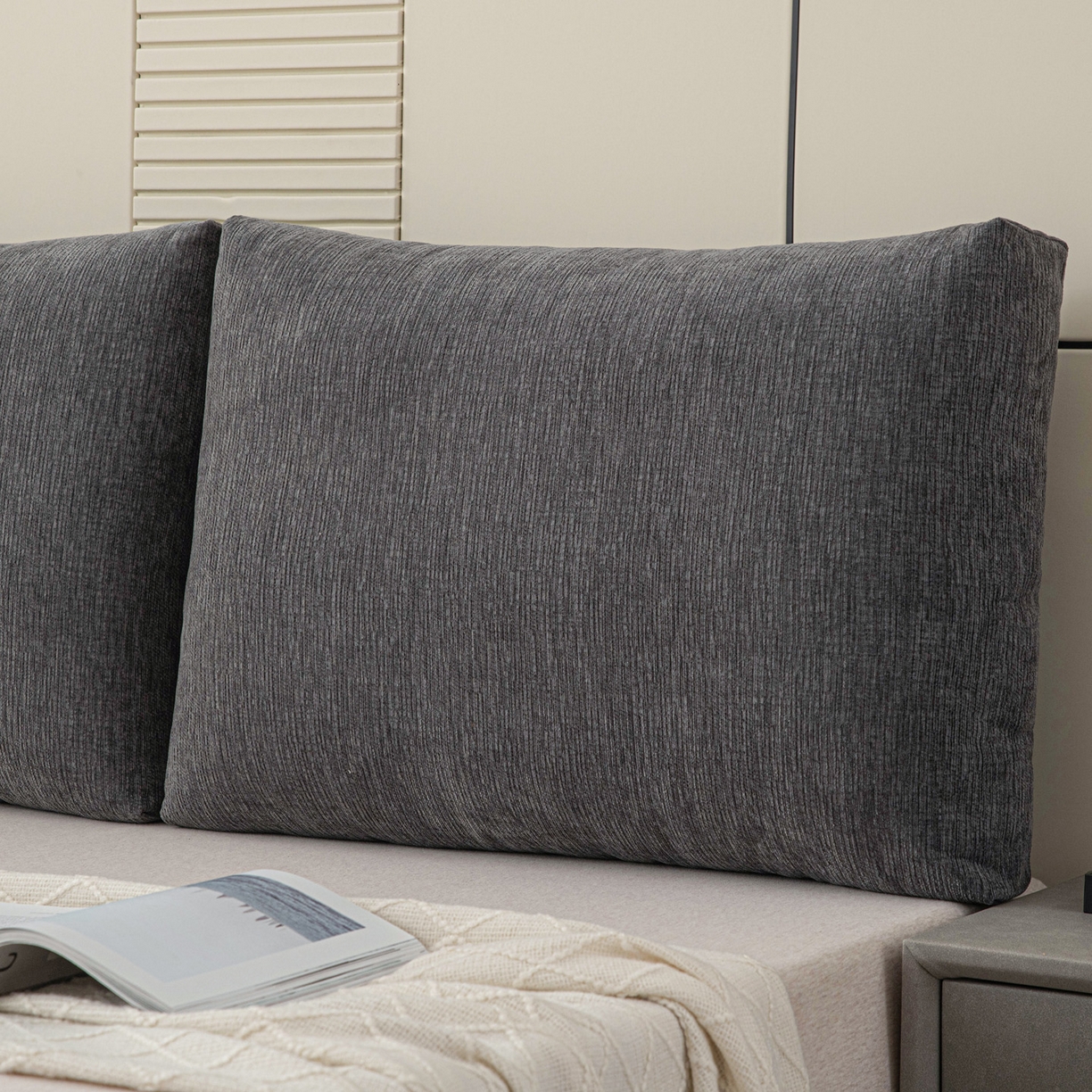 91家纺网 家纺一手货源 找家纺 美达人 2025新款雪尼尔立体面包靠背轻奢立体床头靠垫沙发组合大靠背榻榻米飘窗靠枕无床头软包可拆洗 雪尼尔-立体面包-炭黑