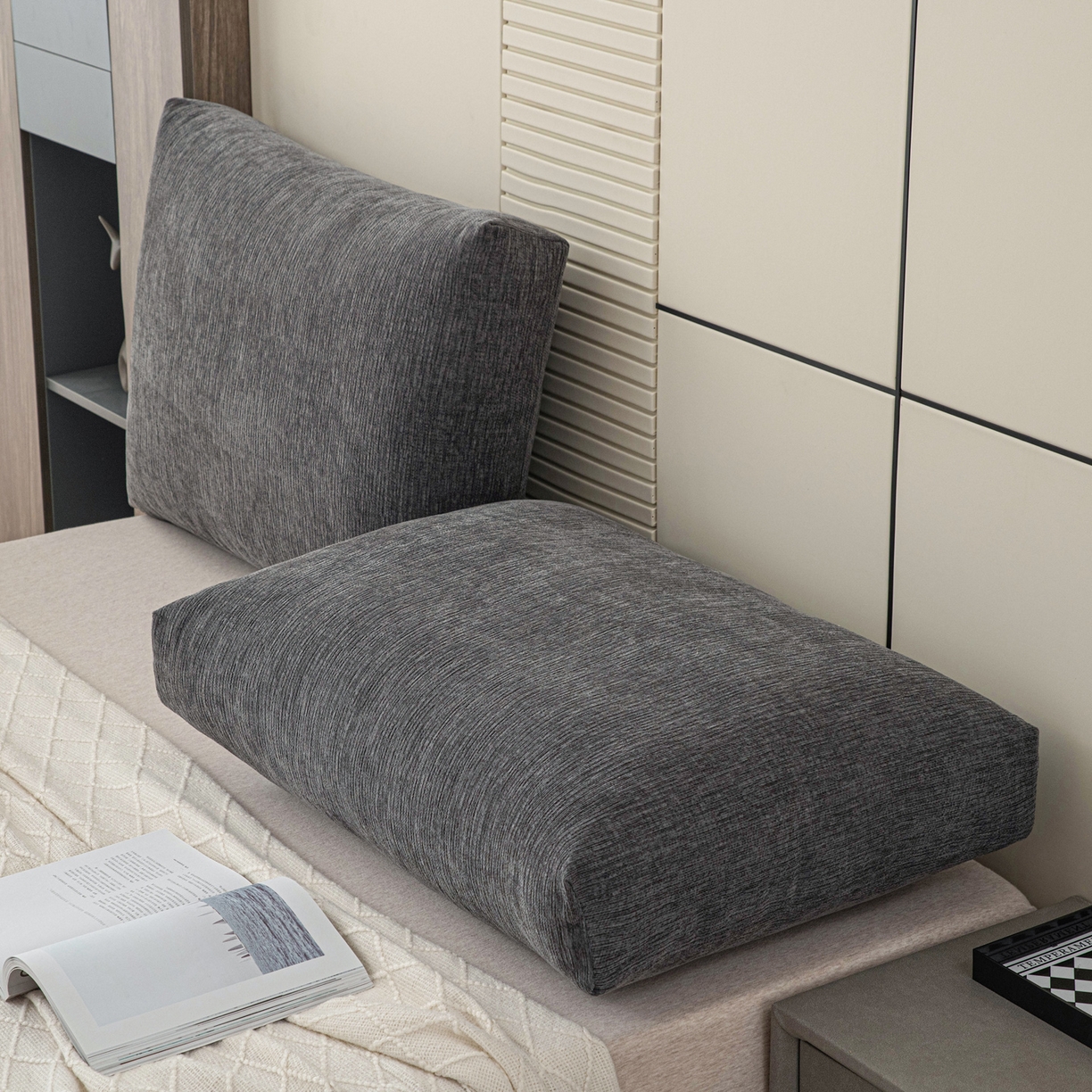 91家纺网 家纺一手货源 找家纺 美达人 2025新款雪尼尔立体面包靠背轻奢立体床头靠垫沙发组合大靠背榻榻米飘窗靠枕无床头软包可拆洗 雪尼尔-立体面包-炭黑