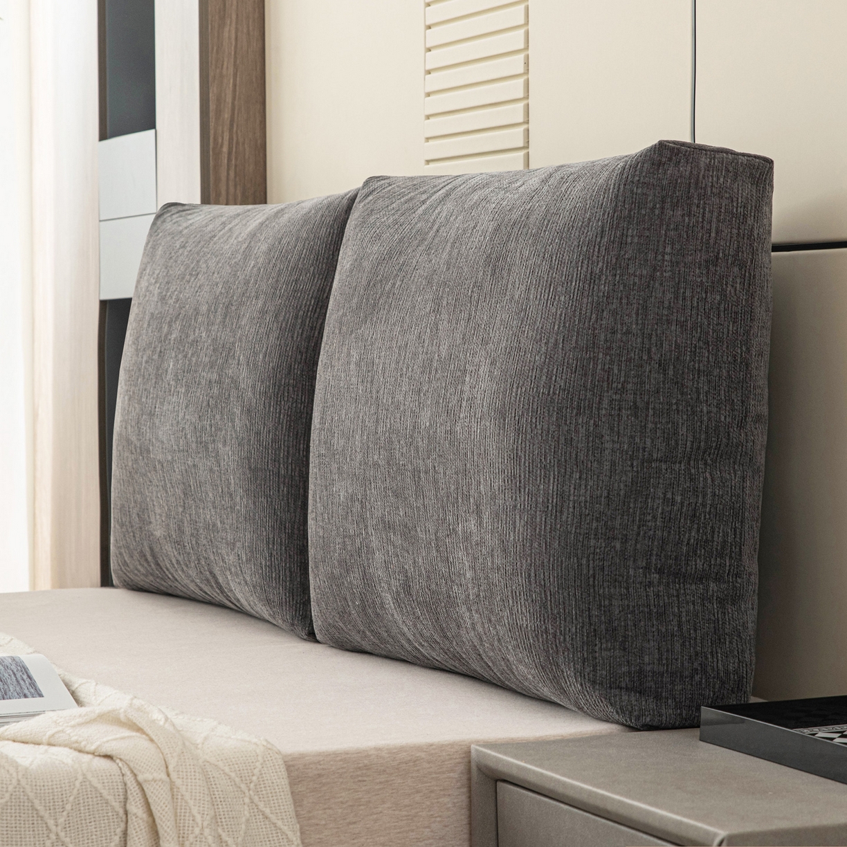 91家纺网 家纺一手货源 找家纺 美达人 2025新款雪尼尔立体面包靠背轻奢立体床头靠垫沙发组合大靠背榻榻米飘窗靠枕无床头软包可拆洗 雪尼尔-立体面包-炭黑