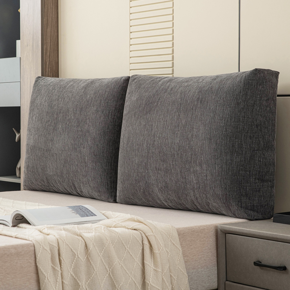 91家纺网 家纺一手货源 找家纺 美达人 2025新款雪尼尔立体面包靠背轻奢立体床头靠垫沙发组合大靠背榻榻米飘窗靠枕无床头软包可拆洗 雪尼尔-立体面包-炭黑