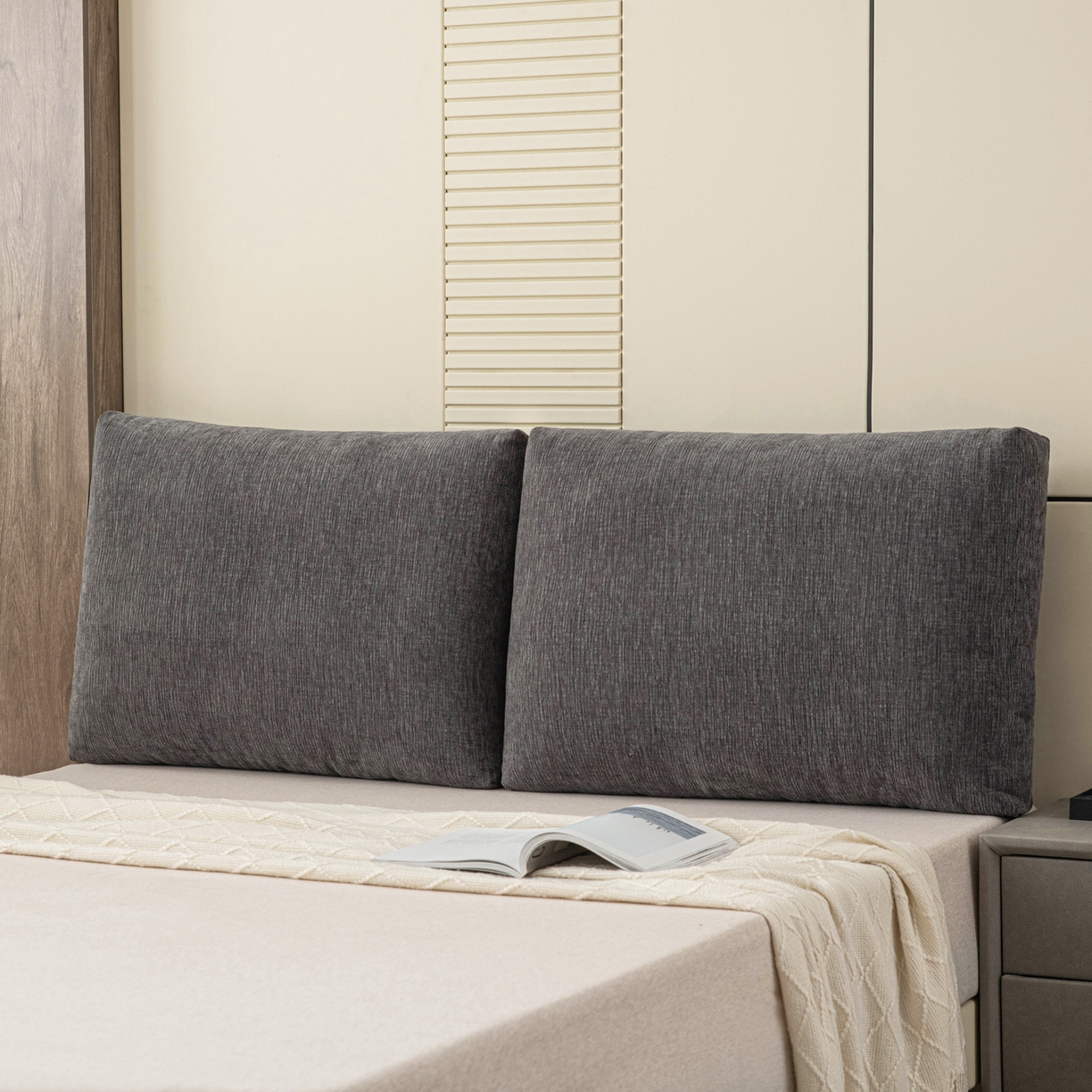 91家纺网 家纺一手货源 找家纺 美达人 2025新款雪尼尔立体面包靠背轻奢立体床头靠垫沙发组合大靠背榻榻米飘窗靠枕无床头软包可拆洗 雪尼尔-立体面包-炭黑