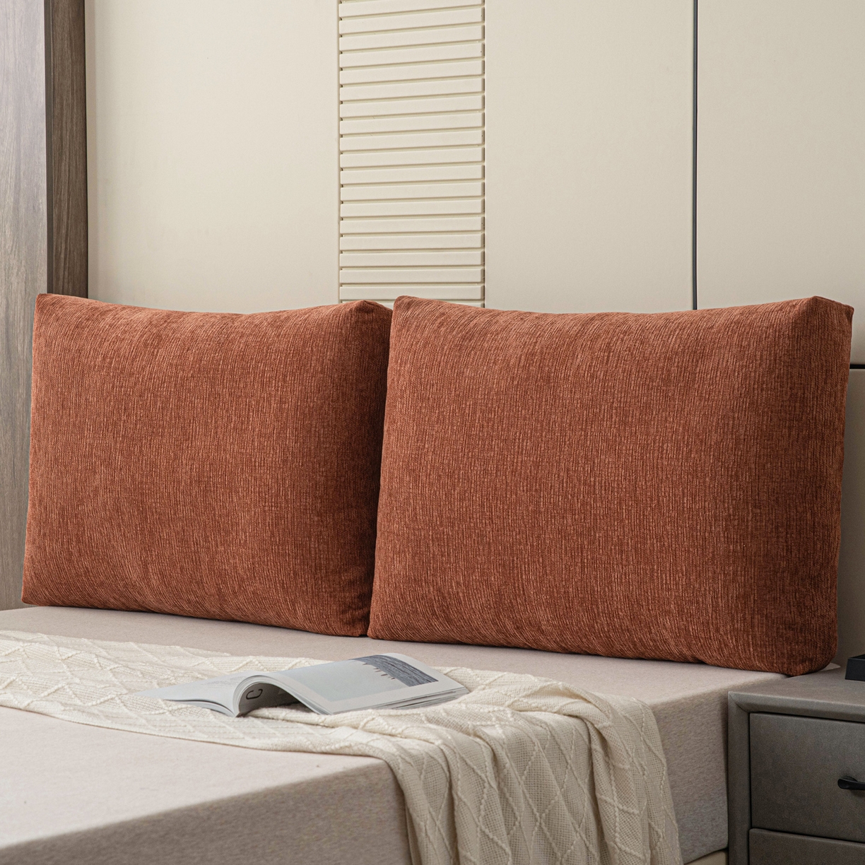 91家纺网 家纺一手货源 找家纺 美达人 2025新款雪尼尔立体面包靠背轻奢立体床头靠垫沙发组合大靠背榻榻米飘窗靠枕无床头软包可拆洗 雪尼尔-立体面包-云橙