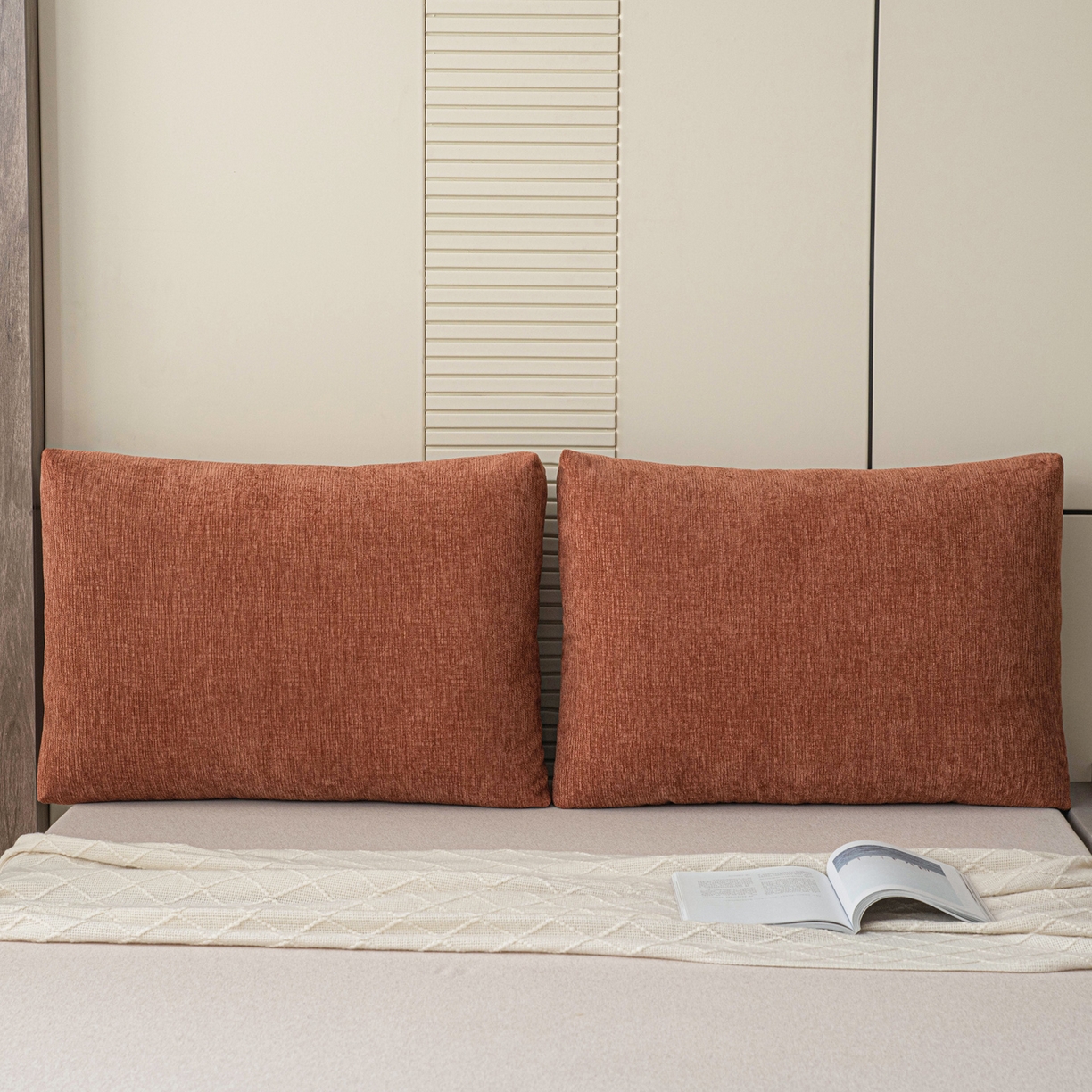 91家纺网 家纺一手货源 找家纺 美达人 2025新款雪尼尔立体面包靠背轻奢立体床头靠垫沙发组合大靠背榻榻米飘窗靠枕无床头软包可拆洗 雪尼尔-立体面包-云橙