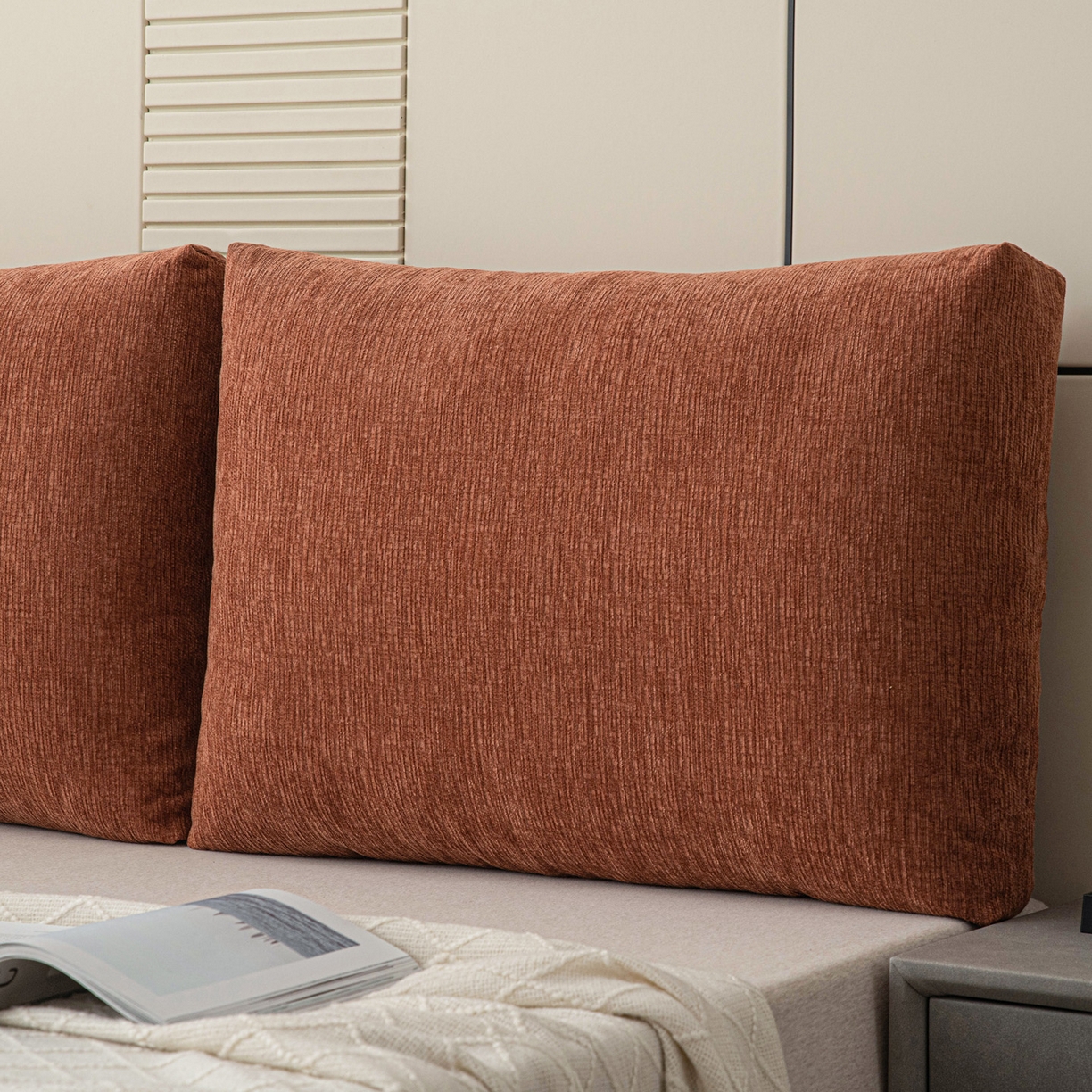 91家纺网 家纺一手货源 找家纺 美达人 2025新款雪尼尔立体面包靠背轻奢立体床头靠垫沙发组合大靠背榻榻米飘窗靠枕无床头软包可拆洗 雪尼尔-立体面包-云橙