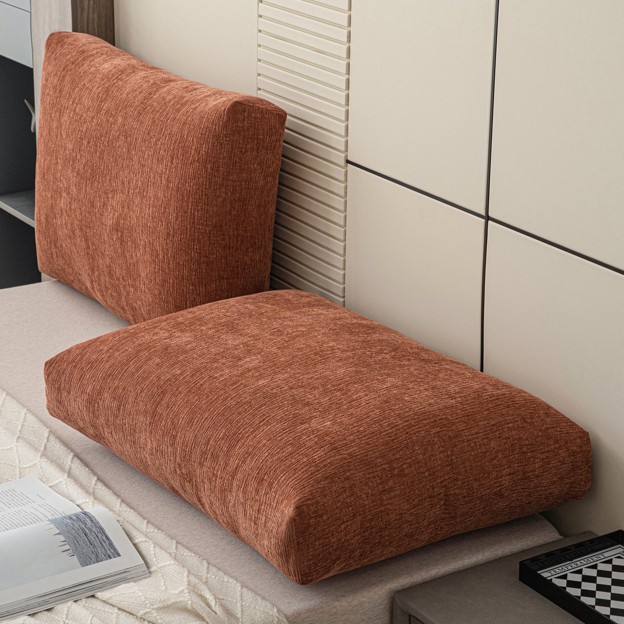 91家纺网 家纺一手货源 找家纺 美达人 2025新款雪尼尔立体面包靠背轻奢立体床头靠垫沙发组合大靠背榻榻米飘窗靠枕无床头软包可拆洗 雪尼尔-立体面包-云橙