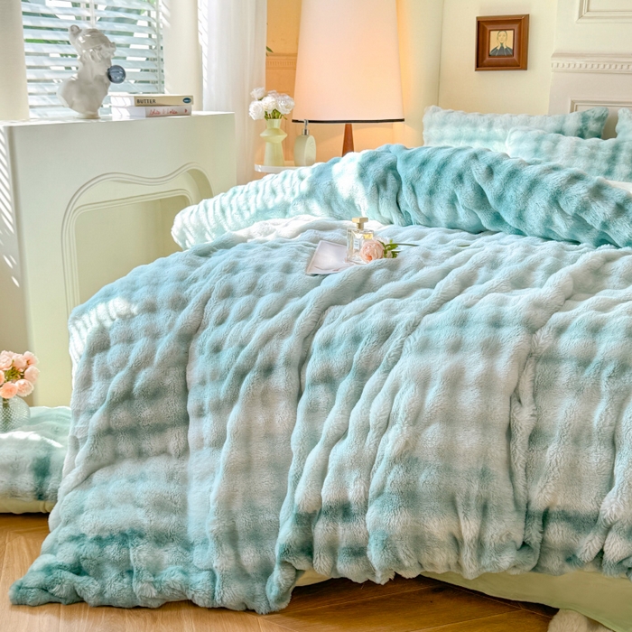 91家纺网 家纺一手货源 找家纺 唐人居 2025新款泡泡兔毛牛奶绒四件套--七彩 七彩绿