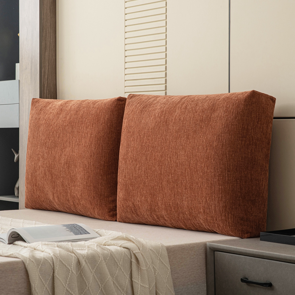 91家纺网 家纺一手货源 找家纺 美达人 2025新款雪尼尔立体面包靠背轻奢立体床头靠垫沙发组合大靠背榻榻米飘窗靠枕无床头软包可拆洗 雪尼尔-立体面包-云橙