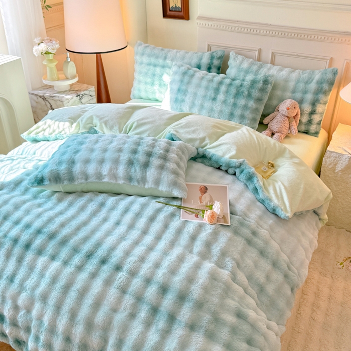 91家纺网 家纺一手货源 找家纺 唐人居 2025新款泡泡兔毛牛奶绒四件套--七彩 七彩绿