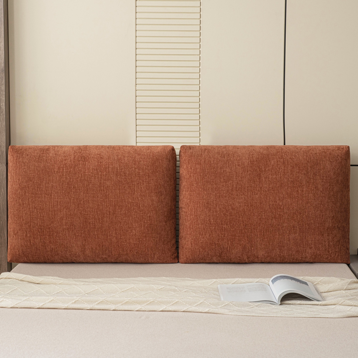 91家纺网 家纺一手货源 找家纺 美达人 2025新款雪尼尔立体面包靠背轻奢立体床头靠垫沙发组合大靠背榻榻米飘窗靠枕无床头软包可拆洗 雪尼尔-立体面包-云橙