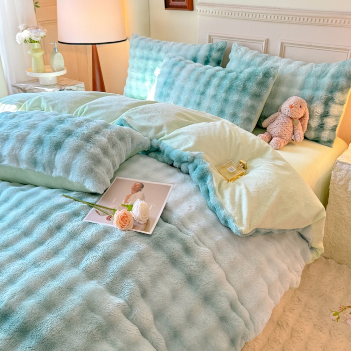 91家纺网 家纺一手货源 找家纺 唐人居 2025新款泡泡兔毛牛奶绒四件套--七彩 七彩绿