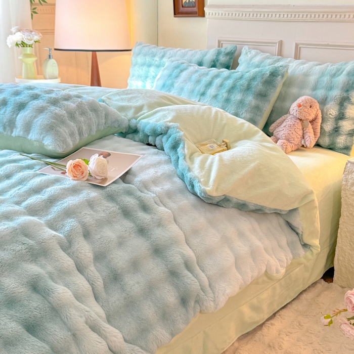 91家纺网 家纺一手货源 找家纺 唐人居 2025新款泡泡兔毛牛奶绒四件套--七彩 七彩绿