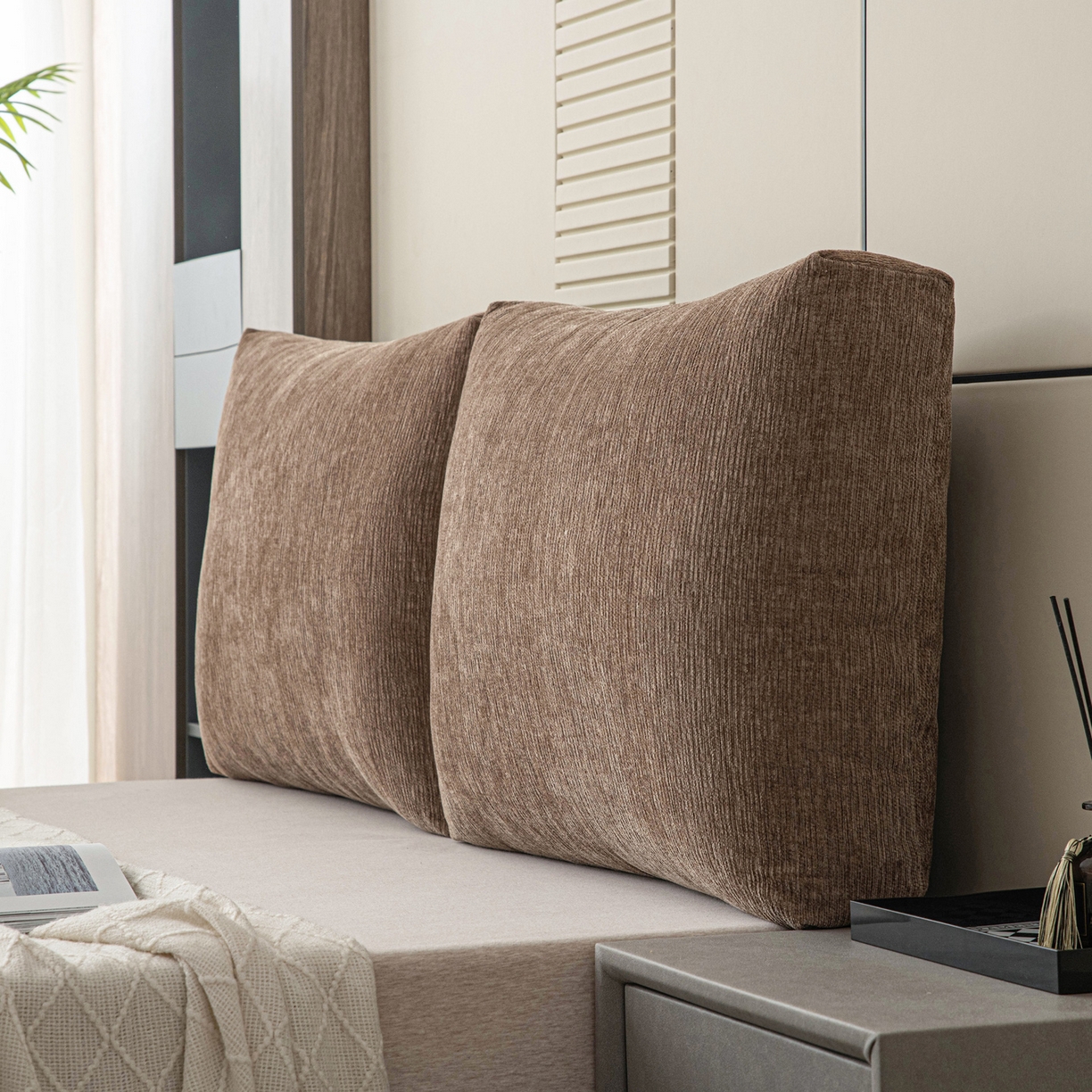 91家纺网 家纺一手货源 找家纺 美达人 2025新款雪尼尔立体面包靠背轻奢立体床头靠垫沙发组合大靠背榻榻米飘窗靠枕无床头软包可拆洗 雪尼尔-立体面包-棕咖