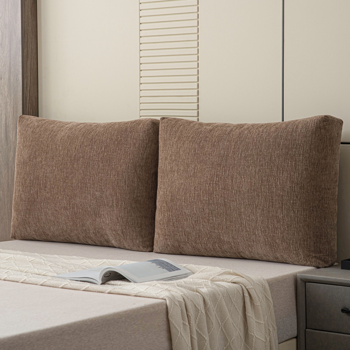 91家纺网 家纺一手货源 找家纺 美达人 2025新款雪尼尔立体面包靠背轻奢立体床头靠垫沙发组合大靠背榻榻米飘窗靠枕无床头软包可拆洗 雪尼尔-立体面包-棕咖