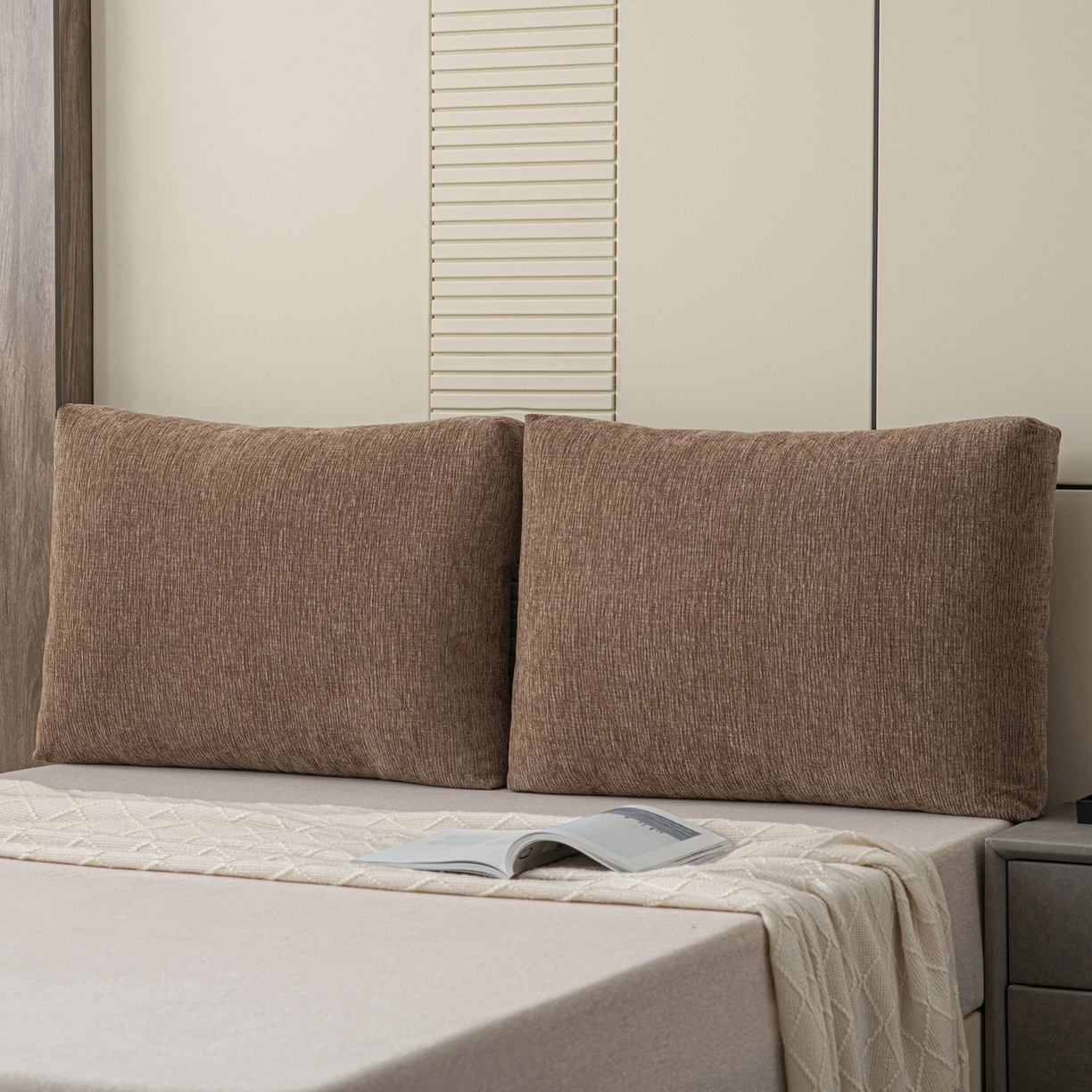 91家纺网 家纺一手货源 找家纺 美达人 2025新款雪尼尔立体面包靠背轻奢立体床头靠垫沙发组合大靠背榻榻米飘窗靠枕无床头软包可拆洗 雪尼尔-立体面包-棕咖