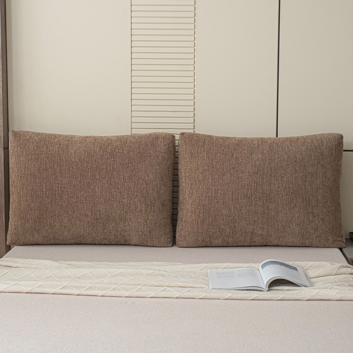 91家纺网 家纺一手货源 找家纺 美达人 2025新款雪尼尔立体面包靠背轻奢立体床头靠垫沙发组合大靠背榻榻米飘窗靠枕无床头软包可拆洗 雪尼尔-立体面包-棕咖