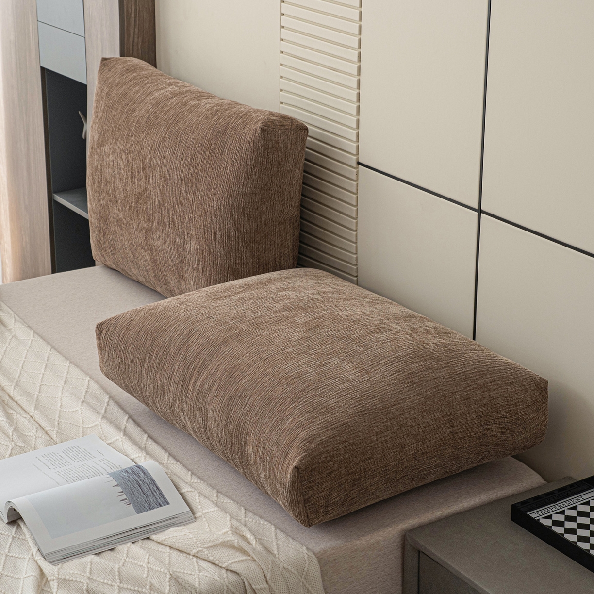 91家纺网 家纺一手货源 找家纺 美达人 2025新款雪尼尔立体面包靠背轻奢立体床头靠垫沙发组合大靠背榻榻米飘窗靠枕无床头软包可拆洗 雪尼尔-立体面包-棕咖