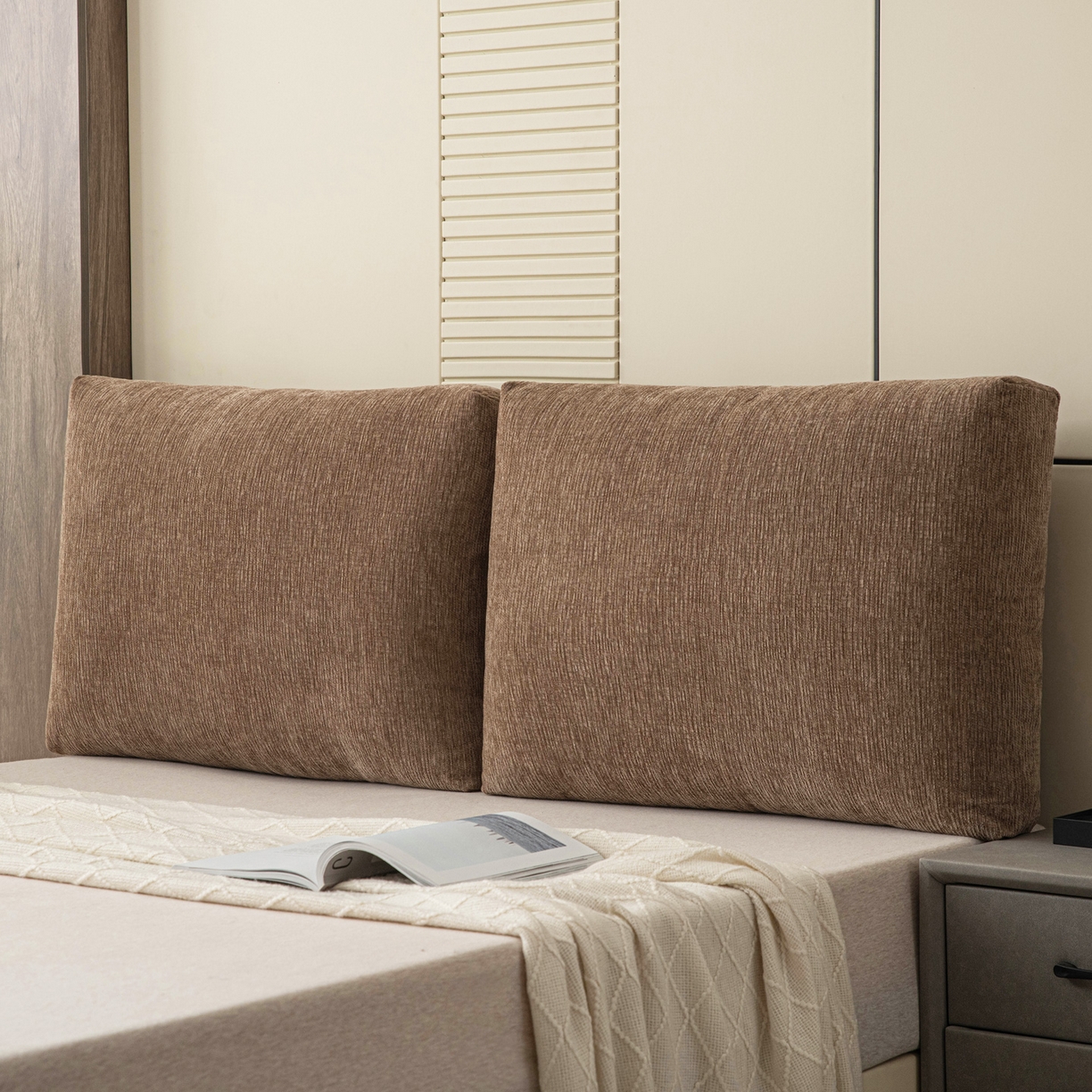 91家纺网 家纺一手货源 找家纺 美达人 2025新款雪尼尔立体面包靠背轻奢立体床头靠垫沙发组合大靠背榻榻米飘窗靠枕无床头软包可拆洗 雪尼尔-立体面包-棕咖