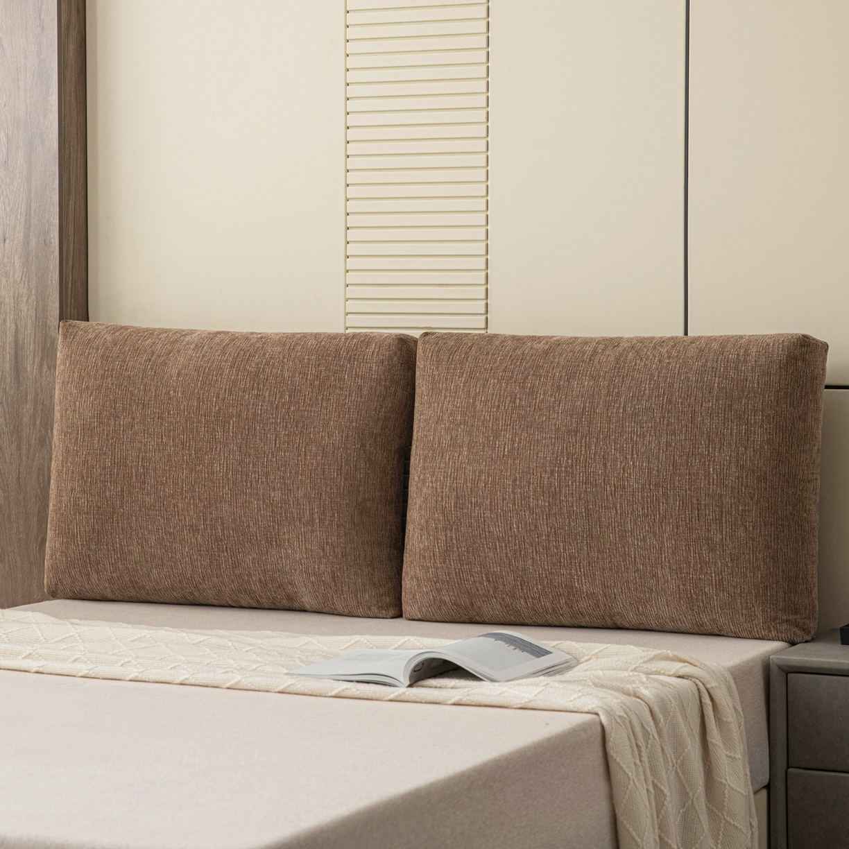 91家纺网 家纺一手货源 找家纺 美达人 2025新款雪尼尔立体面包靠背轻奢立体床头靠垫沙发组合大靠背榻榻米飘窗靠枕无床头软包可拆洗 雪尼尔-立体面包-棕咖