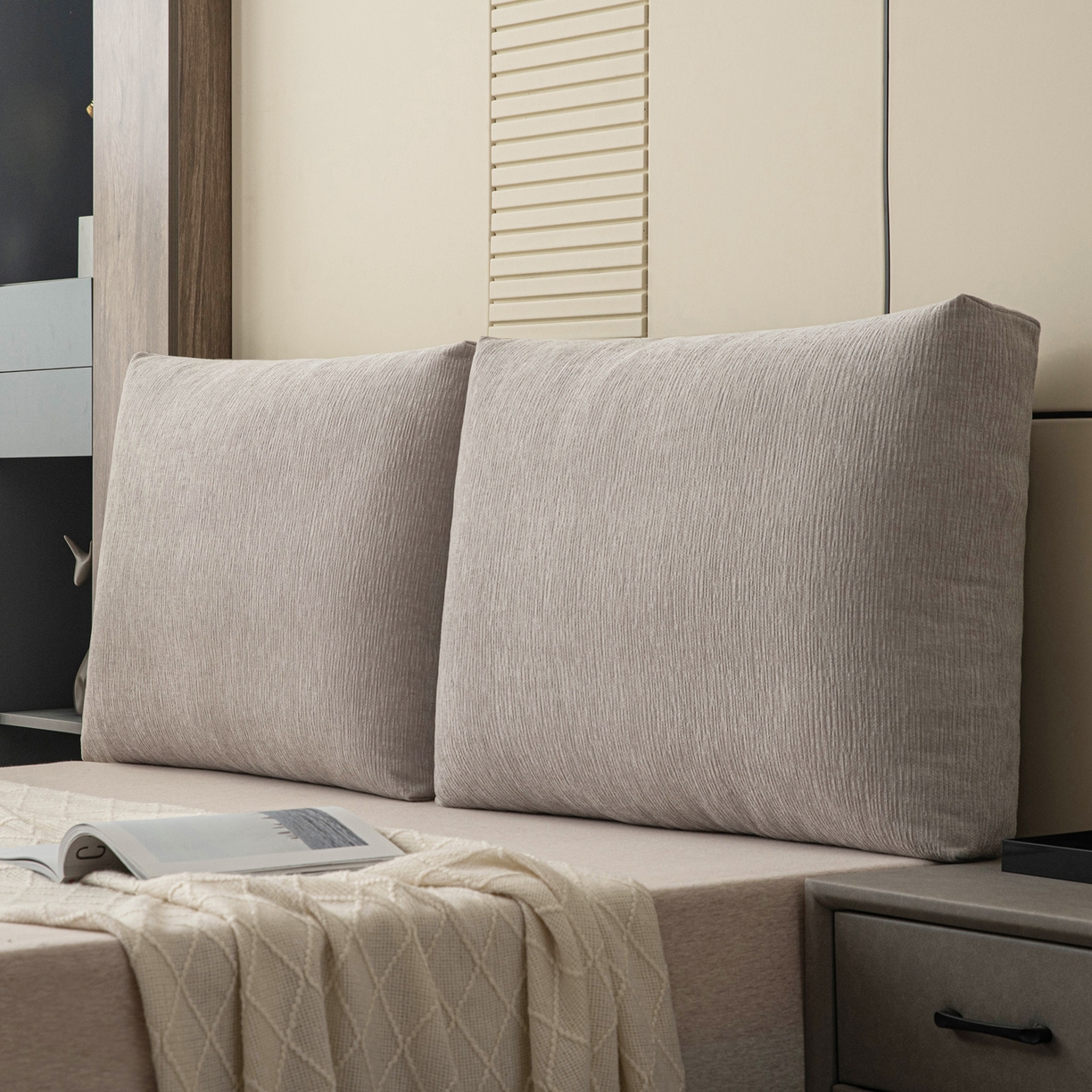91家纺网 家纺一手货源 找家纺 美达人 2025新款雪尼尔立体面包靠背轻奢立体床头靠垫沙发组合大靠背榻榻米飘窗靠枕无床头软包可拆洗 雪尼尔-立体面包浅灰