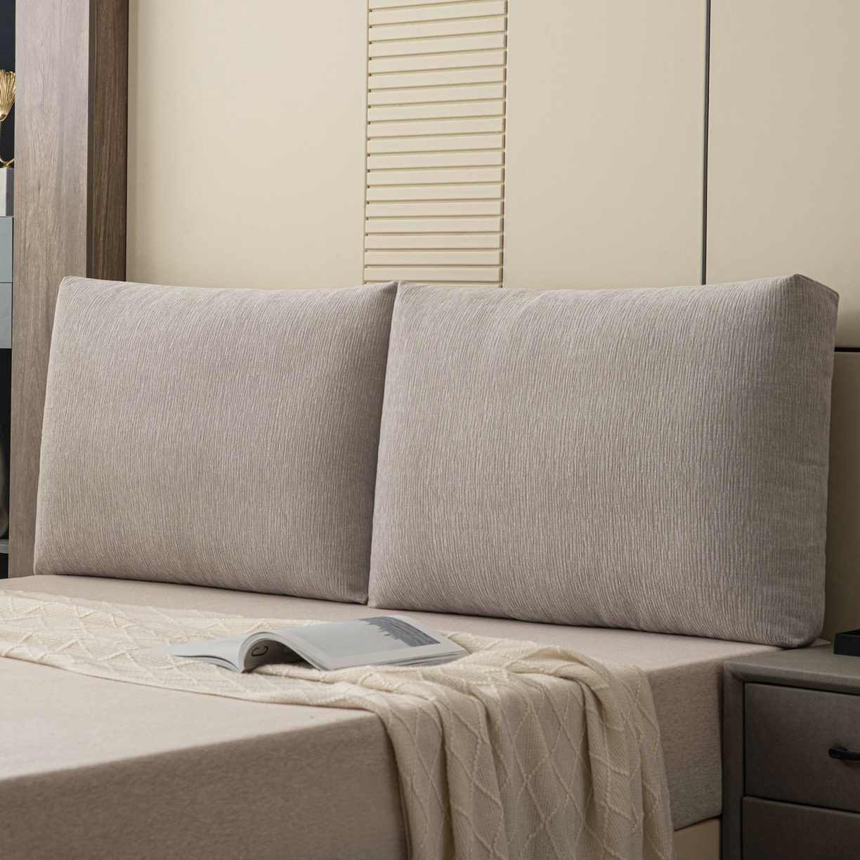 91家纺网 家纺一手货源 找家纺 美达人 2025新款雪尼尔立体面包靠背轻奢立体床头靠垫沙发组合大靠背榻榻米飘窗靠枕无床头软包可拆洗 雪尼尔-立体面包浅灰