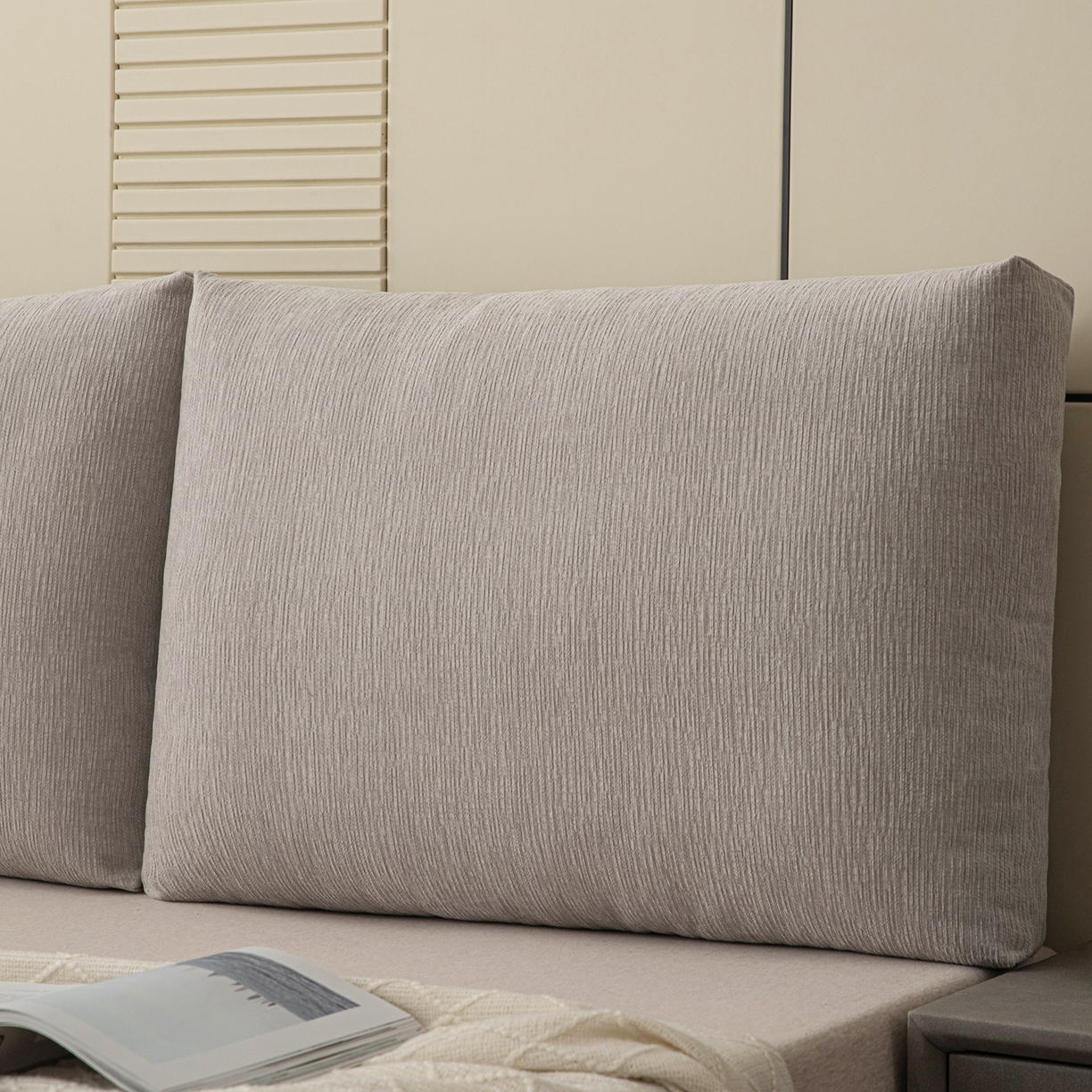 91家纺网 家纺一手货源 找家纺 美达人 2025新款雪尼尔立体面包靠背轻奢立体床头靠垫沙发组合大靠背榻榻米飘窗靠枕无床头软包可拆洗 雪尼尔-立体面包浅灰