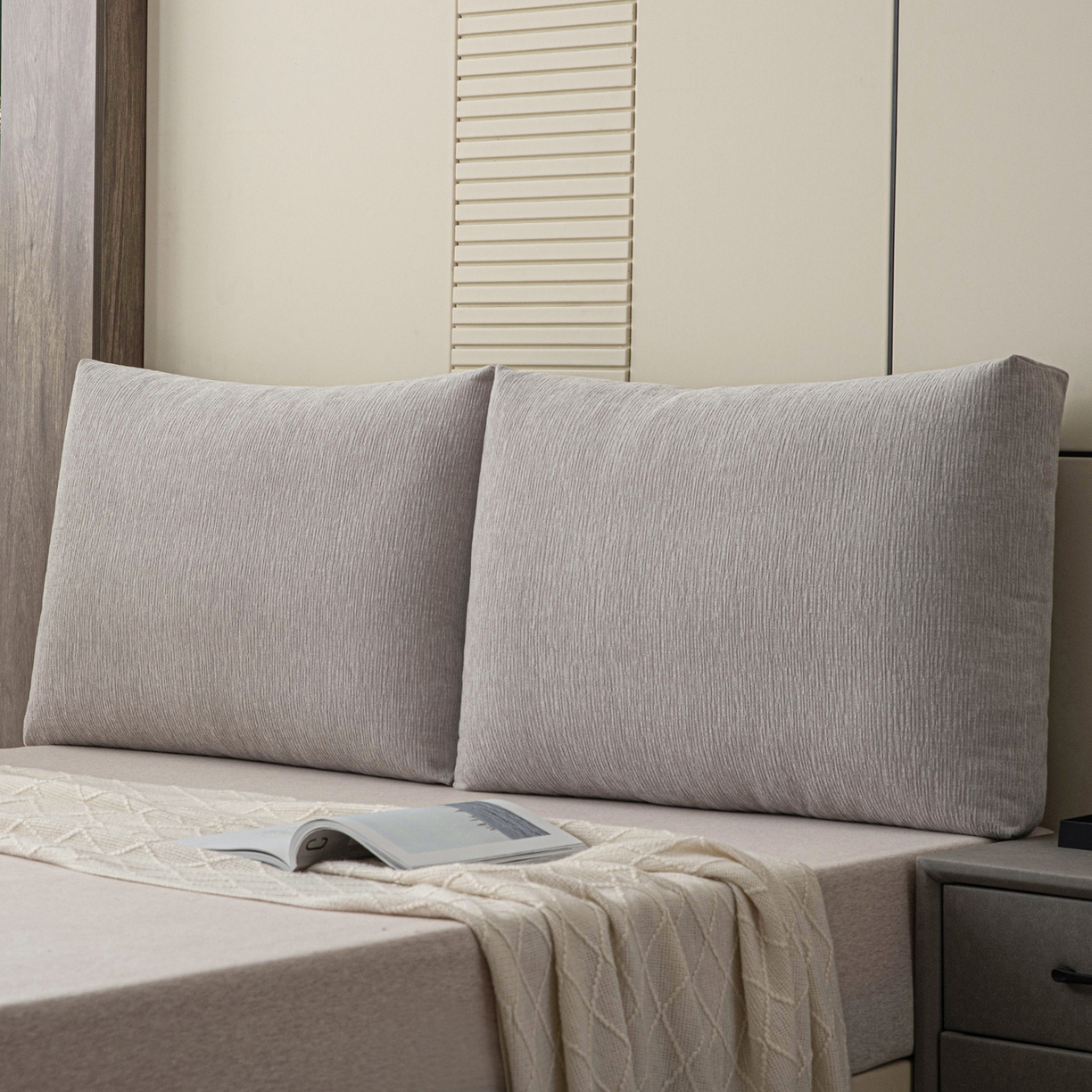 91家纺网 家纺一手货源 找家纺 美达人 2025新款雪尼尔立体面包靠背轻奢立体床头靠垫沙发组合大靠背榻榻米飘窗靠枕无床头软包可拆洗 雪尼尔-立体面包浅灰