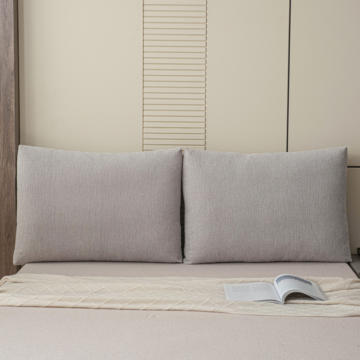 91家纺网 家纺一手货源 找家纺 美达人 2025新款雪尼尔立体面包靠背轻奢立体床头靠垫沙发组合大靠背榻榻米飘窗靠枕无床头软包可拆洗 雪尼尔-立体面包浅灰