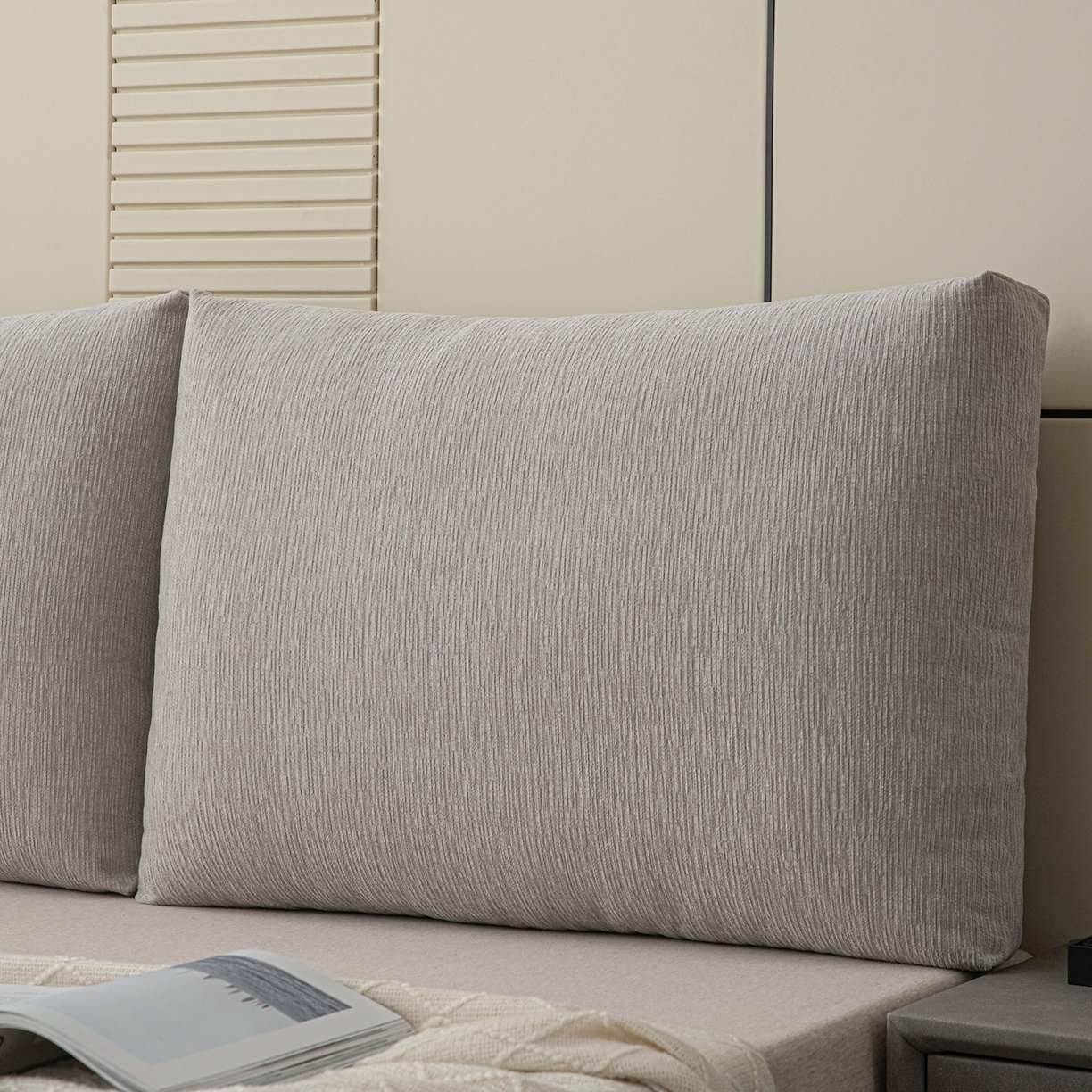 91家纺网 家纺一手货源 找家纺 美达人 2025新款雪尼尔立体面包靠背轻奢立体床头靠垫沙发组合大靠背榻榻米飘窗靠枕无床头软包可拆洗 雪尼尔-立体面包浅灰